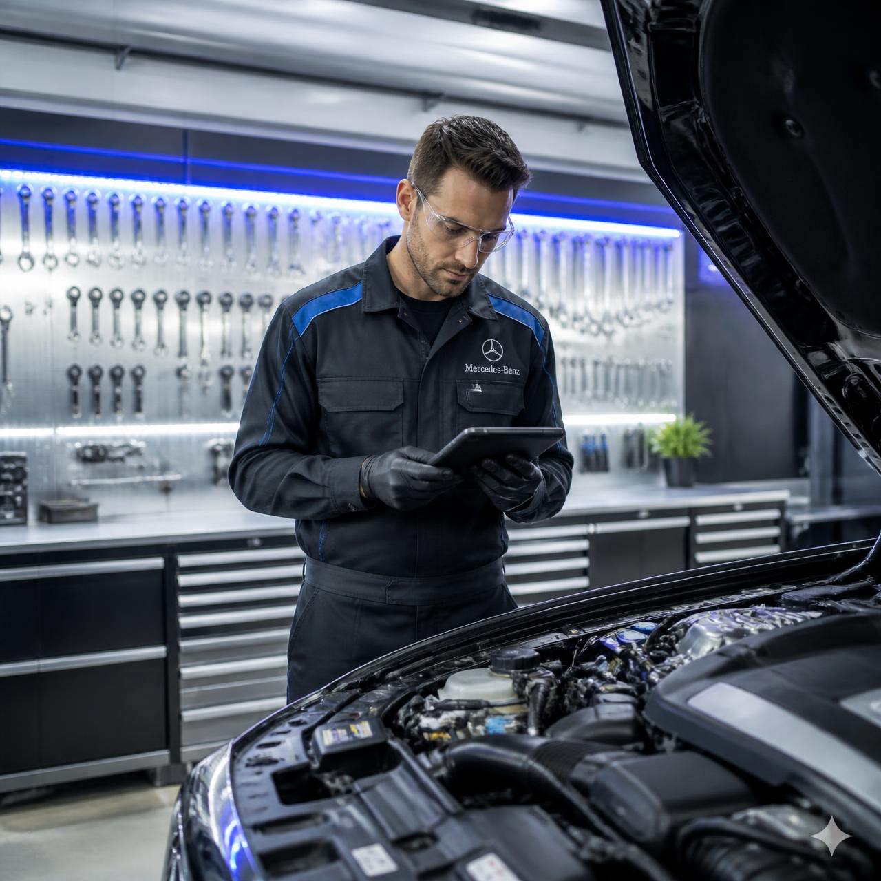 Gants Auto technician running a diagnostic scan on an engine bay